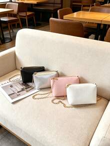 1 buah Tas Selempang Rantai Minimalis Warna Polos, Tas Bahu Serbaguna, Dompet Koin Kulit Lembut, Cocok untuk Penggunaan Sehari-hari - A - View 2