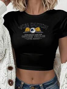 Van Dutch Genuine Vintage Graphic Women's Casual Solid Color Crew Neck Short Sleeve Slim Fit Crop T-Shirt Basic Summer Polyester Top, Versatile Everyday Wear, Perfect Gift For Her - màu đen - Xem 1