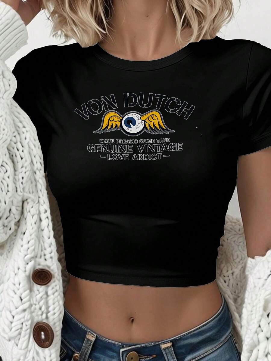 Van Dutch Genuine Vintage Graphic Women's Casual Solid Color Crew Neck Short Sleeve Slim Fit Crop T-Shirt Basic Summer Polyester Top, Versatile Everyday Wear, Perfect Gift For Her - màu đen - Xem 1