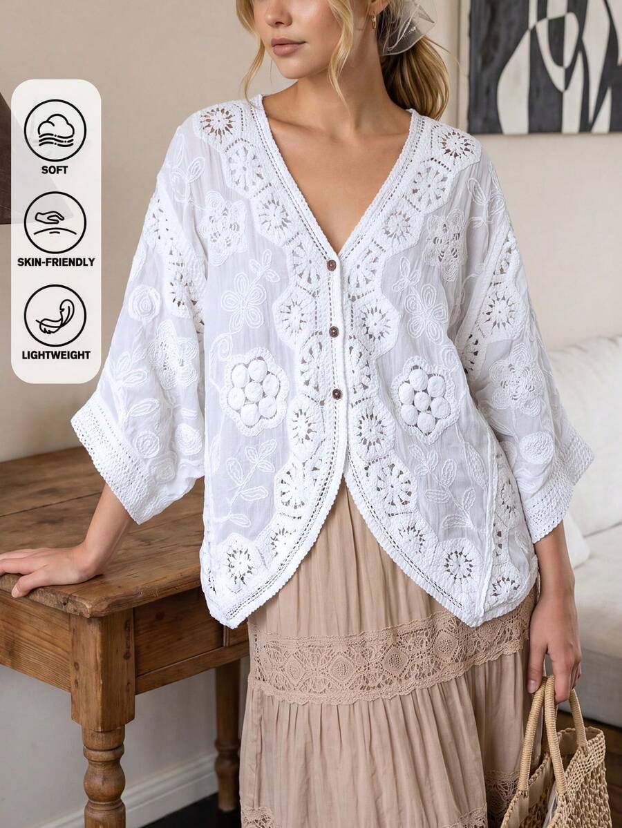 波希米亞風V領刺繡罩衫 - 夏季海灘度假寬鬆和服風罩衫,附花卉蕾絲細節 - 白色 - 查看 1