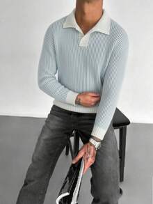 Whitmere YONGC Autumn/Winter New Men's Fashion Turn-Down Collar Dropped Shoulder Long Sleeve Knit Top, Simple Striped Colorblock Men's Sweater Pullover - Blue and White - View 3