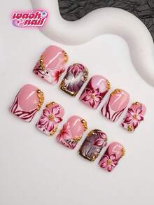10pcs Square Shaped Handmade Nail Tips, Y2K Baddie Style, Nude, Red, Gold Nail Plates With French Edge, Carving, Steel Beads, Bubble Beads, Asymmetrical Liquid Metal, Cat Eye Element Design, Pure Handmade Nail Tips Suitable For Women And Girls, Glitter Nail Plates, 3 Size Options, Suitable For Party, Ball, Daily Wear, Includes Tool Kit, Can Be Gift For Women And Girls Handmade Press On Nails - Multicolor - View 3
