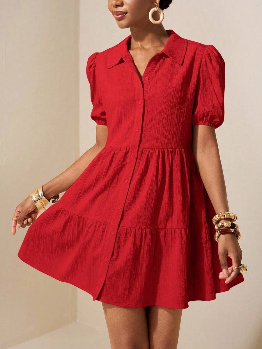 Vestido holgado con manga de lantern color caqui de vacaciones 2025, vestido de sol, material de tela texturizado - Rojo - Ver 1