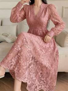 Vestido midi de mujer con cuello en V de encaje y mangas de pétalo, vestido de invitada de boda de primavera/verano - Rosa - Ver 1