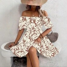 New Printed Casual Off-Shoulder Dress, Short-Sleeved Loose Floral Print Dress - Blue - View 4