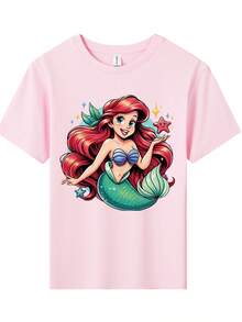 Disney-1 Piece Pack-Ariel Mermaid Printed Pattern T-Shirts For Girls - Children's Clothing Design Short-Sleeved Casual And Cute Style Comfortable And Casual Wear All Year Round Suitable For Parties And Play Machine Washable Gift Children's Clothing Girls' Short-Sleeved Shirts - 粉色 - 查看 2