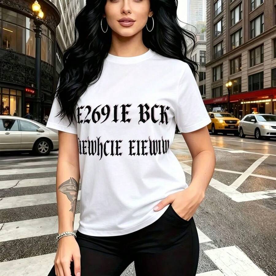 Camiseta de mujer con estampado de texto gótico estilo urbano "2691E BCK" y "ETHCIE EYEDM" - camiseta casual de manga corta, ajuste cómodo y elegante para el día a día en la ciudad - ideal para fiestas de Halloween, salidas casuales y regalo perfecto - Blanco - Ver 1