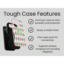 Preppy Pink & Green Monogram Phone Case, Custom Argyle Pattern Casing, Personalized Monogrammed Gift For Her, , ,  Models - 1 Piece Of Picture Color - View 2