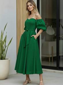 Women's Off Shoulder Long Dress Adjustable Belt Puff Sleeve - 綠色 - 查看 2