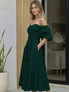 Women's Off-The-Shoulder Long Dress With Adjustable Belt And Puff Sleeves - 深綠色 II - 查看 3