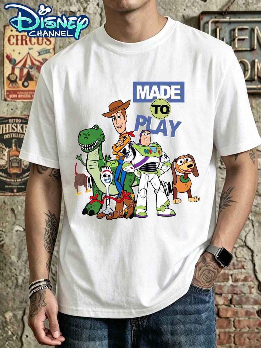 T-shirt à manches courtes imprimé Woody l'Éclair, motif amusant Woody câlinant un dragon, style décontracté et confortable. Idéal pour les fans de Disney. Parfait pour un voyage à Disneyland, un séjour en couple, ou pour des vacances ou un look décontracté au quotidien. - Blanc - Voir 1