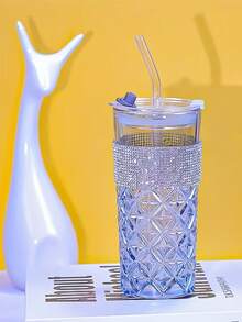 1pc Blue Crystal Glass Cup With Diamond Straw Bottle, Colorful Transparent Glass Cup For Drinks, Water, Coffee, Suitable For Home And Office - Multicolor - View 6