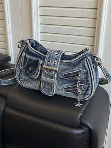 New Casual Chic Washed Jeans Shoulder Bag: Fashionable Y2K-Style Zipper-Detail Handbag Retro Street Style Versatile Crossbody Bag Perfect For Shopping - Blue - View 5