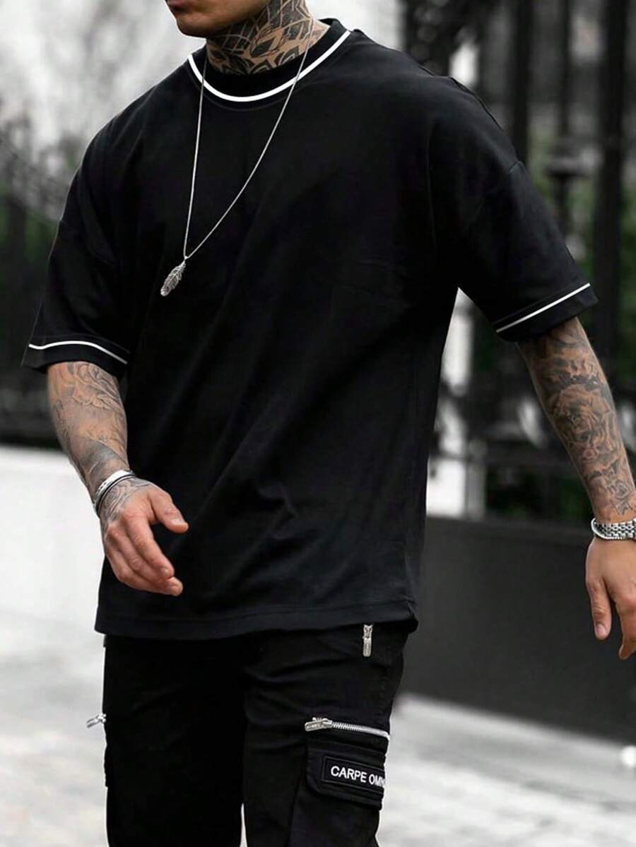 Men Contrast Trim Drop Shoulder Tee - Black - View 1