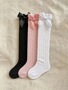 3 Pairs Girls' Retro Cable Knit Mid-Calf Socks, Solid Color Leg Warmers With Bow Design, Sweet Lady Style Student Socks, Versatile For Spring, Autumn, All Seasons - Multicolor - View 8