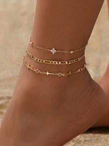 3pcs/Set Fashionable Handmade Cross Chain, Transparent Teardrop Crystal, Four-Leaf Flower Decor Anklet, Multi-Layer Stackable Anklet, Suitable For Daily Wear, Adjustable Length - one-size - View 1