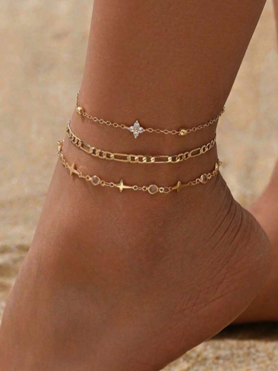 3pcs/Set Fashionable Handmade Cross Chain, Transparent Teardrop Crystal, Four-Leaf Flower Decor Anklet, Multi-Layer Stackable Anklet, Suitable For Daily Wear, Adjustable Length - one-size - View 1
