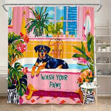 1件裝 Wash Your Paws 羅特威勒犬浴缸熱帶植物印花防水浴簾，防霉聚酯纖維浴室隔簾附掛鉤，趣味寵物狗愛好者浴室居家裝飾 - M - 查看 7