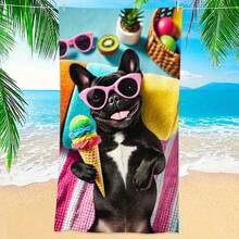 1 pieza Toalla de playa colorida con diseño de un Frenchie lindo usando gafas de sol rosas y sosteniendo un helado, con vibra de verano en la playa, apta para la playa, piscina, bañera, yoga, campamento - A - Ver 4