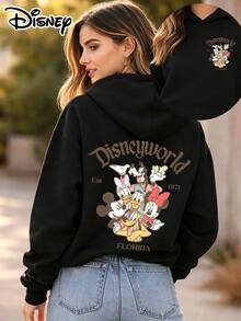 Disney Official Authorization | Women's Hoodie Features Vintage Double-Sided Prints Of Mickey Mouse, Minnie Mouse, Donald Duck, Daisy Duck, Goofy And Pluto. With A Loose Oversize Fit, It Is Perfect For Daily Casual Wear, Outings And Shopping, And Also Serves As An Ideal Gift. -- Disneys Disneyland Paris The Magic Kingdom Disneyesque B6Holiday Gifts Valentine's Day Gifts Earth Day Gifts Oktoberfest Gifts Summer Bank Holiday Gifts - màu đen - Xem 1