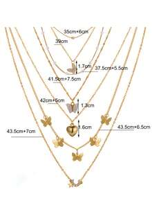 Random 6/12pcs Vintage Heart Butterfly Star Moon Faux Pearl Pendant Necklace Set For Women, Dating, Party, Vacation Gift - Yellow Gold - View 4