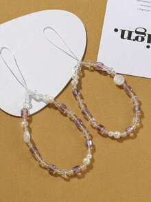 Pink Multi-Bead Crystal Pearl Phone Lanyard, Crystal Shell Phone Strap, Anti-Lost Wrist Strap, Universal For Camera And Phone, Spring Gift - Pink - View 2