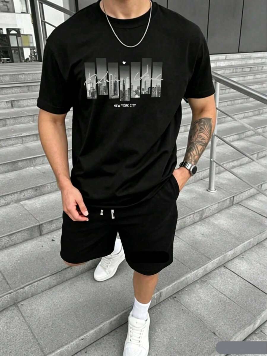 Men Urban Print Pure Cotton Crew Tee Soft Comfort High Quality Summer Top For Men Daily Casual Everyday Street Wear Cotton Short-T Shirt Black Top - Black Top - 查看 1