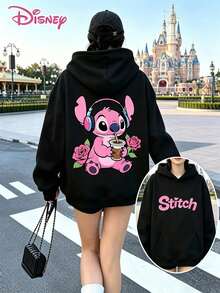 Disney Lilo & Stitch Dual Print Hoodie For Women, Soft Cozy Pullover Sweatshirt, Cute Pink Stitch With Headphones & Coffee Graphic + "Stitch" Letter Hooded Tops, Casual Loose Fit Long Sleeve Everyday Wear, Women Sweatshirts & Hoodies, Tops De Mujer, Plus Size Friendly - màu đen - Xem 1