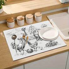1 pieza Felpudo de secado de platos con estampado de gallo y gallina de estilo rústico, almohadilla absorbente y de secado rápido para encimera de cocina, mesa de comedor, barra de café, felpudo de drenaje versátil, regalo de decoración del hogar - XYLSD-445 - Ver 9