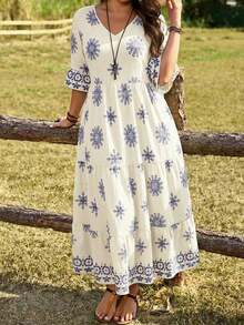 Vestido largo de color amarillo para mujeres de talla con cuello en V profundo, mangas con ribete de volantes y dobladillo con varios niveles para el verano - Azul y blanco - Ver 6