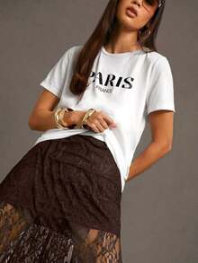 X Scot Louie  Falda larga de verano ligera y transpirable con parches de encaje negro y flores silvestres para mujer - Café integral - Ver 6