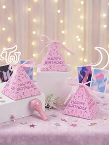 12個粉色K-POP閃電三角禮物盒，「Happy Birthday」印花，粉色與K-POP主題，1歲生日派對伴手禮，嬰兒洗禮裝飾，多用途包裝盒，性別揭曉派對用品，男嬰/女嬰派對裝飾，粉色K-POP閃電裝飾，禮物包裝袋，居家裝飾，桌面裝飾 - 粉紅色閃電 - 查看 7