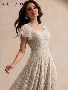 ALIAO Vestido de mujer de otoño con encaje de cachemira transparente y tirantes de espagueti, vestido formal de estilo vintage de corte para boda, fiesta, vestido femenino elegante de verano - Albaricoque - Ver 3