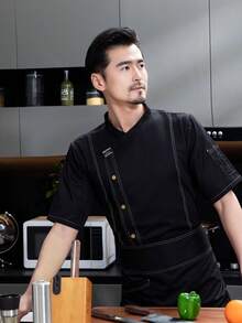 New Fashionable Work Uniform Chef Uniform Unisex Short Sleeve Black Breathable Mesh High-End Hotel Western Restaurant Bakery Coffee Shop Flower Shop BBQ Shop Fast Food Restaurant Work Uniform Personalized Design Beautiful And Elegant - Black - View 4