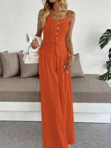 xheBreezaya Set de 2 piezas con camiseta de tirantes de color liso y pantalones de pierna ancha de linoxhe - Naranja - Ver 4