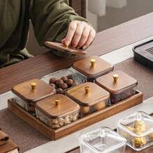1pc Retro Walnut Wood Lid Square Glass Snack Tray, Divided Compartments For Candies, Nuts, Tea Snacks, Suitable For Home, Office, Gatherings - Transparent + Brown - View 3