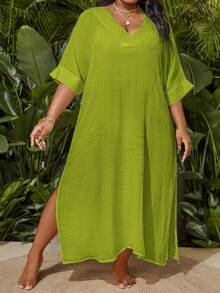 Vestido de talla grande tipo vestido de playa con mangas de murciélago y abertura lateral, de unicolor, para uso casual/verano y vacaciones en la playa - Verde - Ver 1