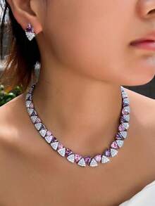 1 Set Women Chic Purple Pink Geometric Triangles Cubic Zirconia Tennis Choker Necklace Stud Earrings Silver Plated CZ Crystal Jewelry Set For Wedding Party - Purple - View 11