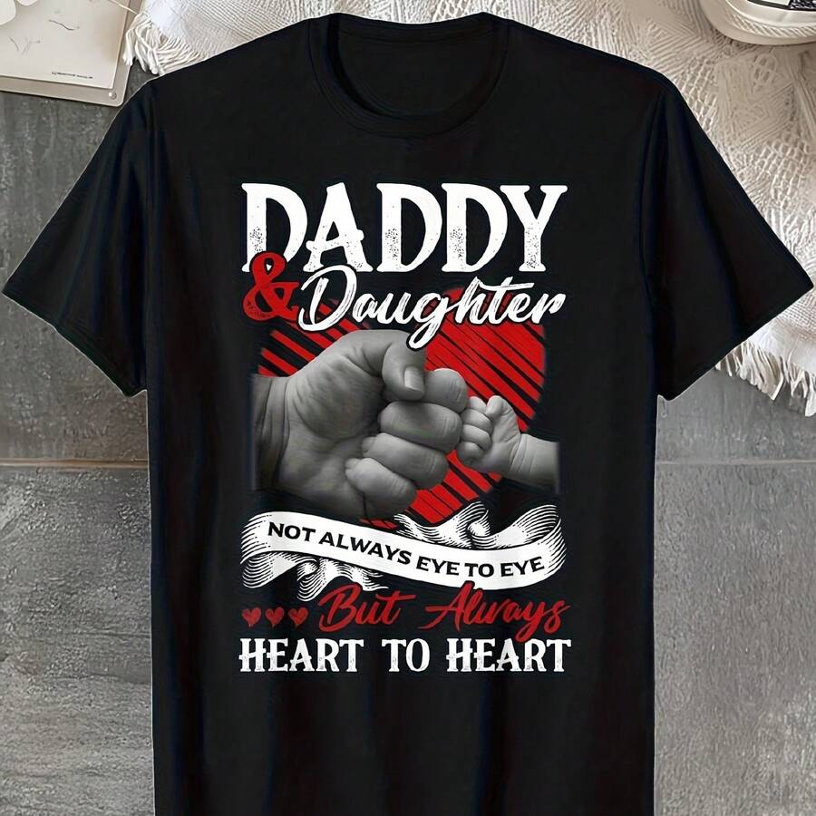 Girl's Father's Day T-Shirt [Love, Daddy & Daughter Tee] Black Cotton Daddy & Daughter Forever Love Graphic T-Shirt Heart To Heart Design, Casual & Comfortable Fit, Father' Day - Black - View 1