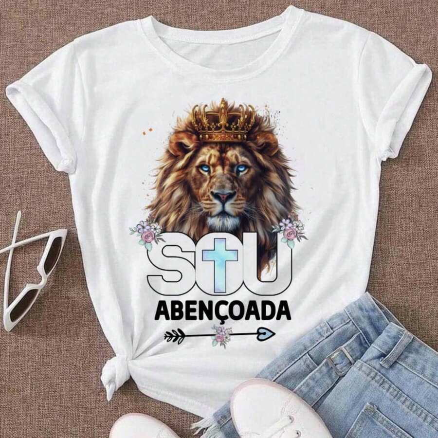 Unisex Short Sleeve Blouse, Plus Size, Neutral, 100% Cotton, Lion Print, Casual, Round Neck, Available In Brazil, 24h Shipping, Colors: Black And White - 江南2J - 查看 1