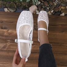 White Heart Embroidery Mesh Mary Jane Shoes, Square Toe Buckle Breathable Flat Ballet Style - White - View 13