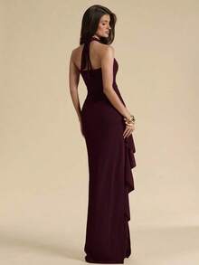Vestido de dama de honor para primavera/verano, vestido de fiesta, vestido largo rojo con escote en V profundo, cuello halter, sexy, con volantes y abertura alta, vestido envolvente con volantes para mujer, elegante vestido maxi con cuello en V y halter con volantes para mujer - Granada - Ver 2