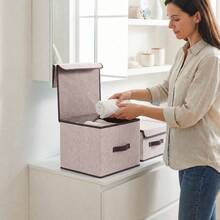 2 Foldable Fabric Organizer Boxes With Lids Home Clothing - Beige - View 5