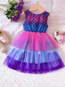 Young Girl Mermaid Sleeveless Vest Net Yarn Spliced Dress, Summer Gradient Color Princess Cake Dress - Purple - View 3