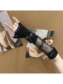 1 Pair Y2K Style Lace Strap Decor Short Solid Color Open Finger Rolled Edge Wrist Sleeve - Multicolor - View 12