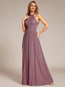 EVERPRETTY Charming Women's Halter Neck Backless Sleeveless Pleated Ruched Twist Design High Elastic Formal Evening Gown Wedding Party - Dusty Pink - View 3