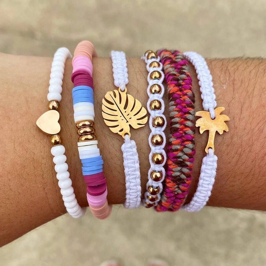 Set Gelang Buatan Tangan 6 Buah/Set dengan Motif Daun Logam, Pohon Palem, dan Hati yang Dapat Diatur, Cocok untuk Pakaian Sehari-hari, Liburan, dan Pantai Wanita - MultiWarna - View 1