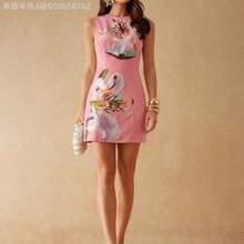 Fengyu Women's Clothing Store Vestido casual mini de mujer con cuello redondo, sin mangas y estampado floral - Rosa Pálido - Ver 1