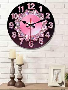 1pc Pink Diamond & Pearl Holographic Luxury Silent Wall Clock - Suitable For Home Office, New Year Valentine's Day Gift - Wooden Frame 2D Design - Multicolor - View 2