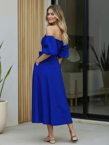 Women's Off Shoulder Long Dress Adjustable Belt Puff Sleeve - 藍色 - 查看 4